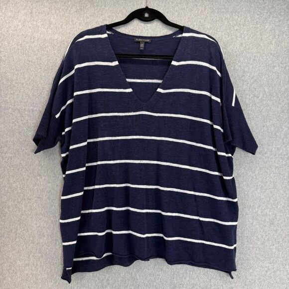 Eileen Fisher Womens Large Navy White Striped V-Neck Organic Linen Cotton Blouse - Picture 1 of 11